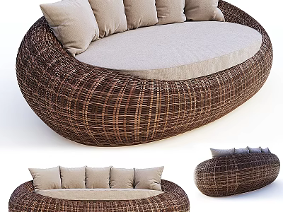Modern Outdoor Sofa Round Woven Rattan Design with Light Colored Seat Cushions 3d model