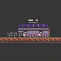 Cartoon Pixel Art Scene Featuring Purple Roof Building Green Grass Pathways And Small Characters
