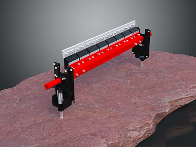Red And Black Mechanical Clamp Tool With Metal Structure Mounted On Rock Slab 3d model