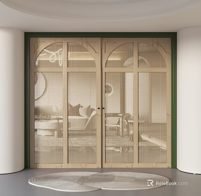 Wooden Arched Double Doors With Grid Design And Interior Sofa Chair View 3d model 