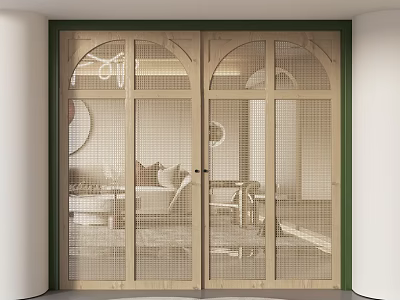 Wooden Arched Double Doors With Grid Design And Interior Sofa Chair View 3d model