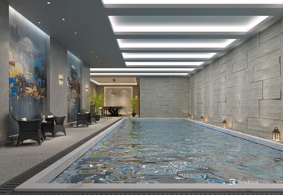 Elegant Modern Swimming Pool Interior With Stone Walls Lighting And Seating Area 3d model 