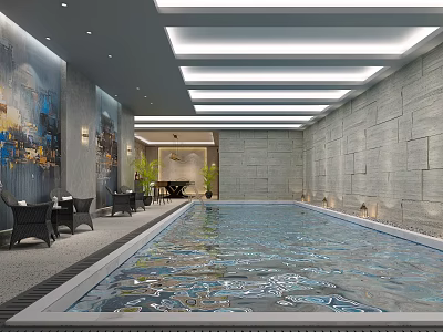 Elegant Modern Swimming Pool Interior With Stone Walls Lighting And Seating Area 3d model
