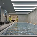 Elegant Modern Swimming Pool Interior With Stone Walls Lighting And Seating Area