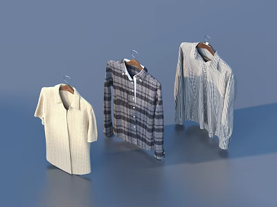Different Style Shirts On Hangers With Light Color Plaid And Striped Design 3d model