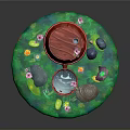 Vibrant Garden Scene With Red Bucket Water Basin Green Grass Small Flowers And Butterflies