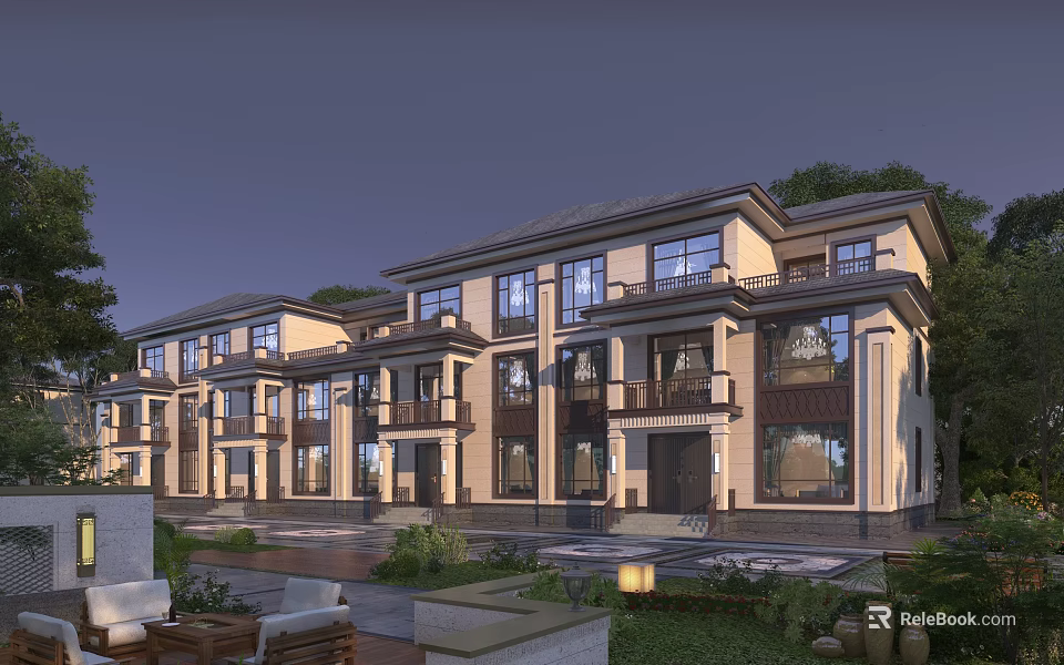 Elegant Townhouse Exterior Design With Balconies Landscaped Garden And Evening Lights 3d model 