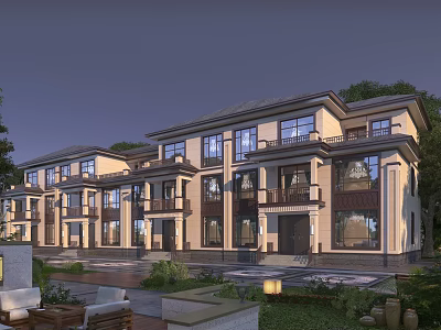 Elegant Townhouse Exterior Design With Balconies Landscaped Garden And Evening Lights 3d model