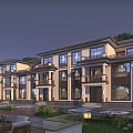 Elegant Townhouse Exterior Design With Balconies Landscaped Garden And Evening Lights