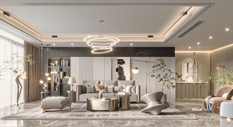 Modern Living Room Interior Design With Ring Chandelier Sofa And Coffee Table 3d model 