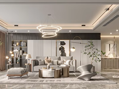 Modern Living Room Interior Design With Ring Chandelier Sofa And Coffee Table 3d model