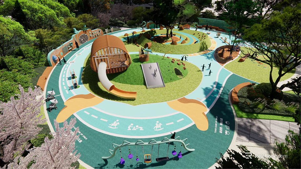 Modern Kids Playground With Wooden Play Structures Green Lawn And Circular Pathway 3d model 
