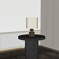 White Shade Table Lamp on Round Black Side Table with Window Blinds and Radiator 3d model