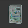 Electrical Mains Distribution Board Interior with Multiple Switches and Colored Wires