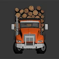 Orange Truck Transporting Fresh Wood Logs Loaded With Bundled Timber On Trailer