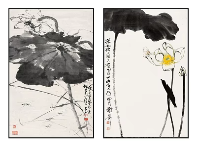 Classic Chinese Ink Paintings With Lotus Flowers Leaves And Traditional Calligraphy 3d model