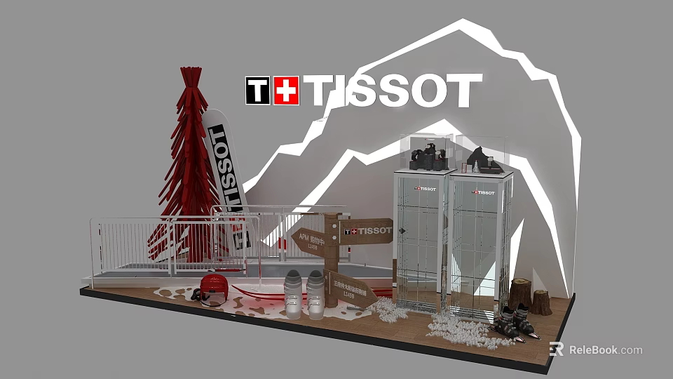 Tissot Brand Photo Check In Spot With Snow Mountain Backdrop And Red Decorative Structure 3d model 