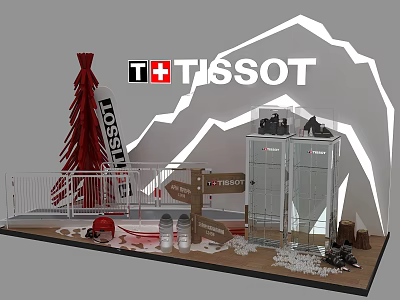 Tissot Brand Photo Check In Spot With Snow Mountain Backdrop And Red Decorative Structure 3d model