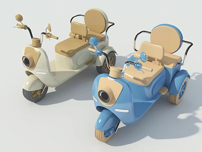 Cute Children's Tricycles In Blue And Beige With Seats And Handlebars 3d model
