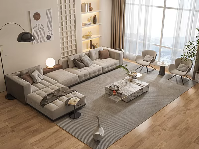 Modern Gray L shaped Sofa and Coffee Table Combination in Living Room with Floor to Ceiling Windows and Area Rug 3d model