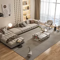 Modern Gray L shaped Sofa and Coffee Table Combination in Living Room with Floor to Ceiling Windows and Area Rug