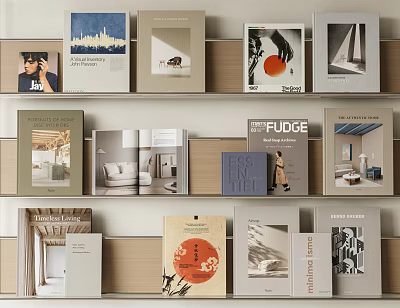 Stylish Bookshelf With Colorful Art Book Covers And Design Magazines In Interior 3d model