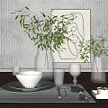 Modern Tableware Set with White Bowl Plates Wine Glasses and Olive Branches in Glass Vases