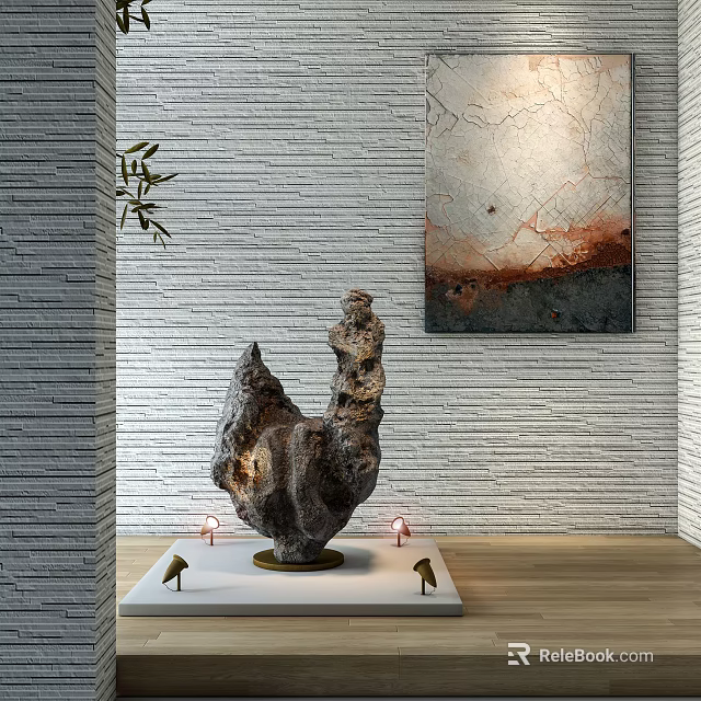 Natural Stone Decorative Art On Wooden Base With Stone Wall And Bamboo Accents 3d model 