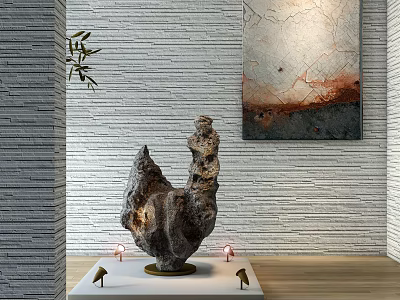 Natural Stone Decorative Art On Wooden Base With Stone Wall And Bamboo Accents 3d model