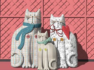 Three Cat Shaped Decorative Ornament Set With Plaid Pattern Scarf And Bow Tie Details 3d model