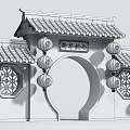Chinese Style Event Gateway With Red Walls Golden Roof Lanterns And Happy New Year Plaque