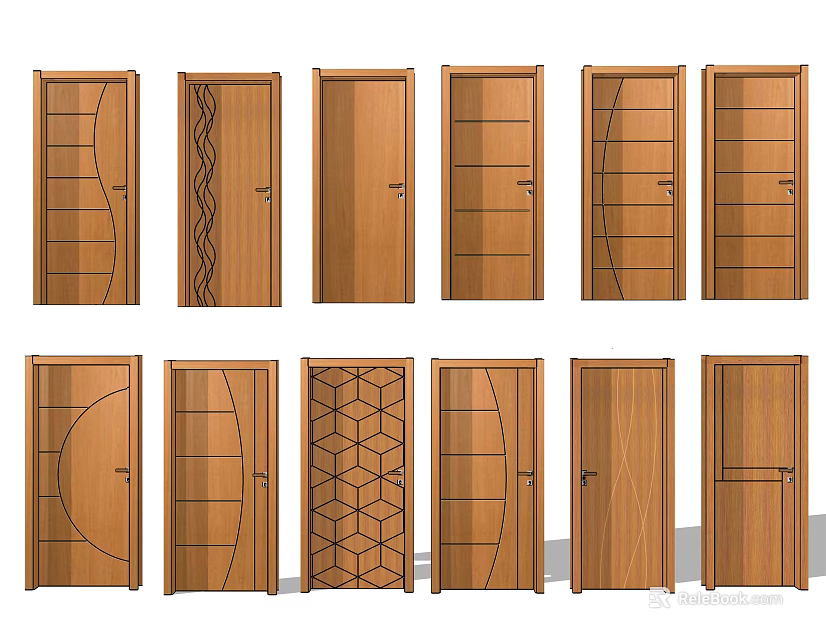 Wooden Hinged Doors With Various Panel Patterns For Home Interior Use 3d model