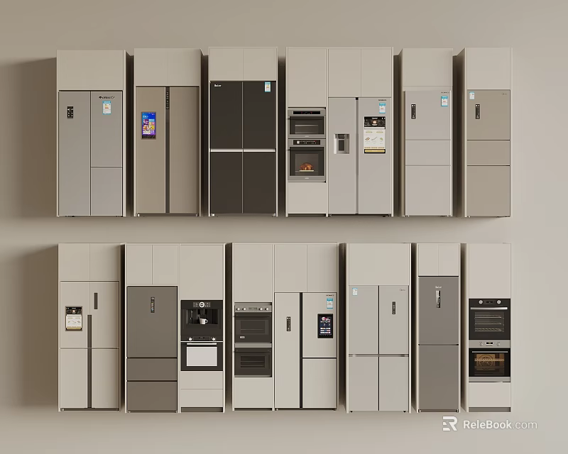 Various Modern Refrigerators And Freezers With Different Styles And Colors Displayed 3d model 