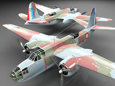Two Vintage Twin Engine Propeller Airplanes With Camouflage Paint And National Insignia 3d model
