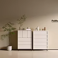 Modern White Console Cabinet And Sideboard With Decorative Items And Potted Plant