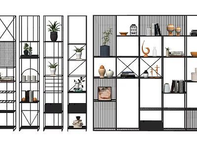 Modern Minimalist Open Multi-tiered Bookcase With Black Frame Green Plants And Decorations 3d model