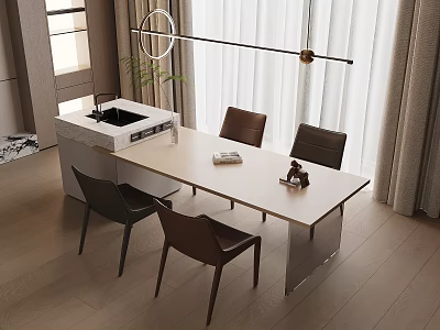 Modern Open Kitchen Space With Sleek Island Countertop And Dining Chairs 3d model