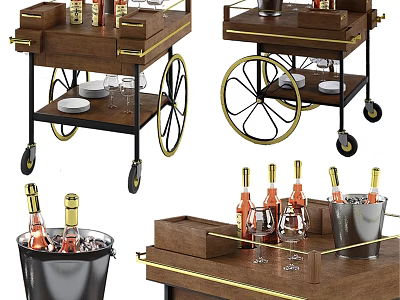 Commercial Wooden Serving Carts With Metal Accents Wheels Ice Bucket And Wine Glassware 3d model