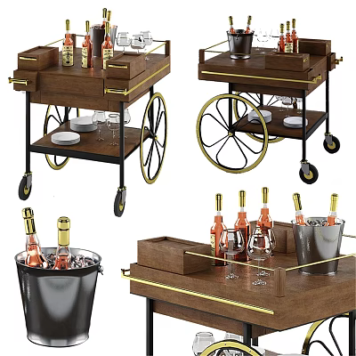 Commercial Wooden Serving Carts With Metal Accents Wheels Ice Bucket And Wine Glassware 3d model