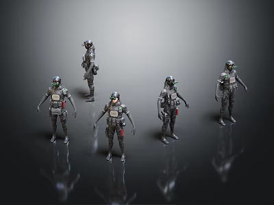 Futuristic Sci Fi Characters With Tech Gear In Different Poses On Dark Background 3d model