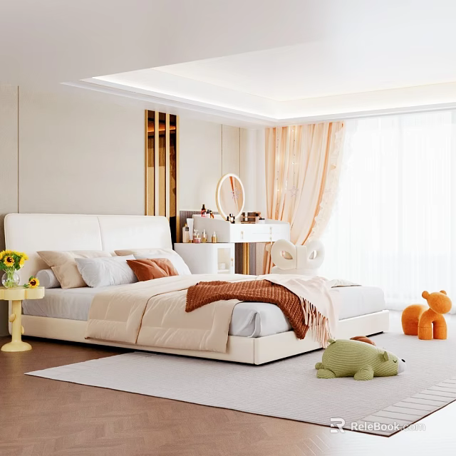 Modern Bedroom Interior Design with Cozy White Bed Dresser Light Curtains and Plush Toys 3d model 