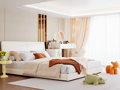 Modern Bedroom Interior Design with Cozy White Bed Dresser Light Curtains and Plush Toys 3d model