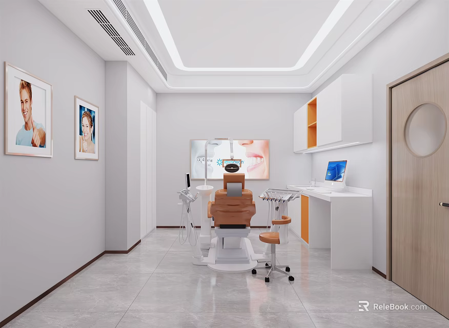 Modern Dental Clinic Interior With Dental Chair White Walls Medical Equipment Computer And Cabinets 3d model 