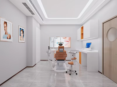 Modern Dental Clinic Interior With Dental Chair White Walls Medical Equipment Computer And Cabinets 3d model