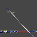 Blue Blade Sword With Gold Decorations And Red Hilt On Purple Background