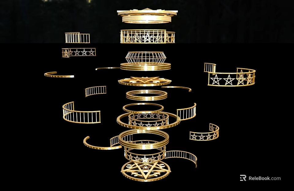 Golden Multi Layered Chandelier With Circular And Star Shaped Geometric Design 3d model 