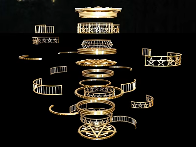 Golden Multi Layered Chandelier With Circular And Star Shaped Geometric Design 3d model