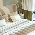 Modern Double Bed Interior Design With Beige Headboard Striped Quilt Nightstand And Window Bench