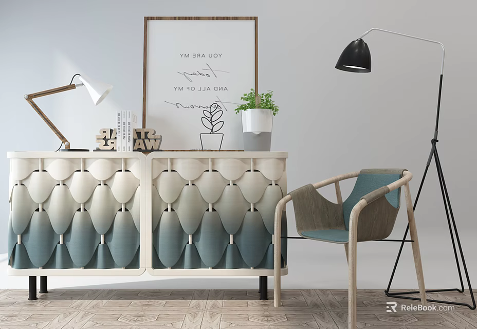 Modern Entryway Cabinet Sideboard With Gradient Design Potted Plant Framed Art And Accent Chair 3d model 