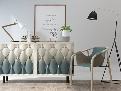 Modern Entryway Cabinet Sideboard With Gradient Design Potted Plant Framed Art And Accent Chair 3d model